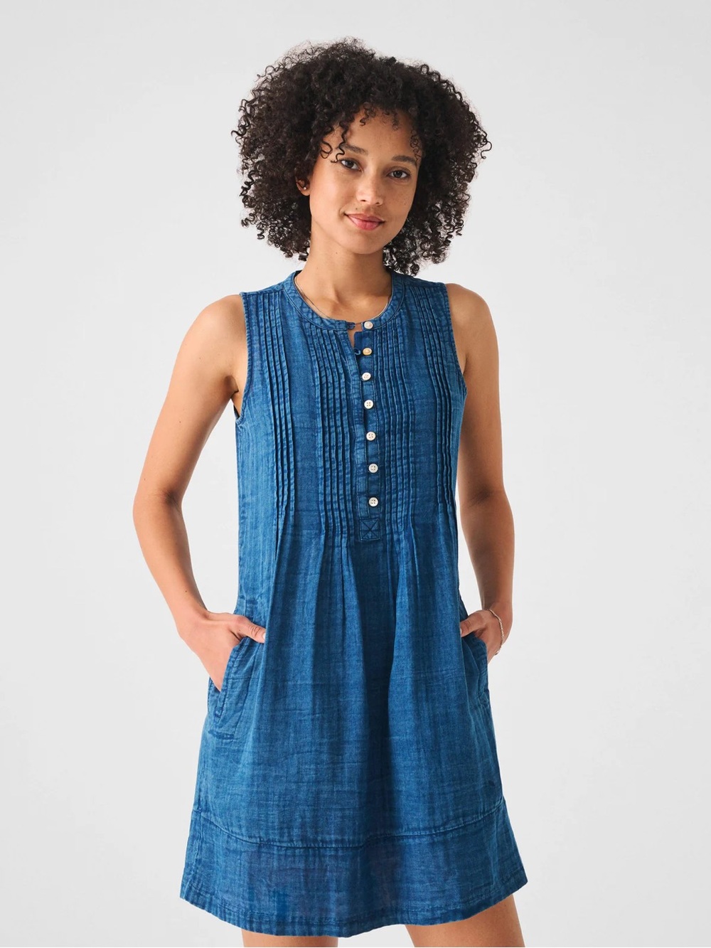 Faherty Dress XXL Isha Basketweave Indigo Blue 100% Linen Knit Pintuck Pockets